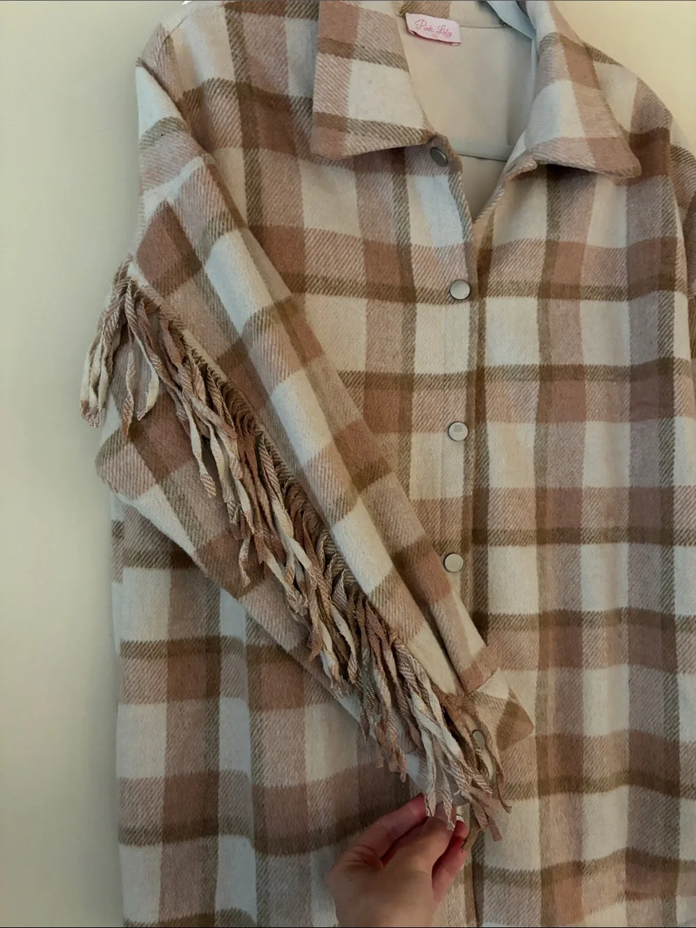 Pink Lily Plaid Shacket Jacket in Cream and Tan
